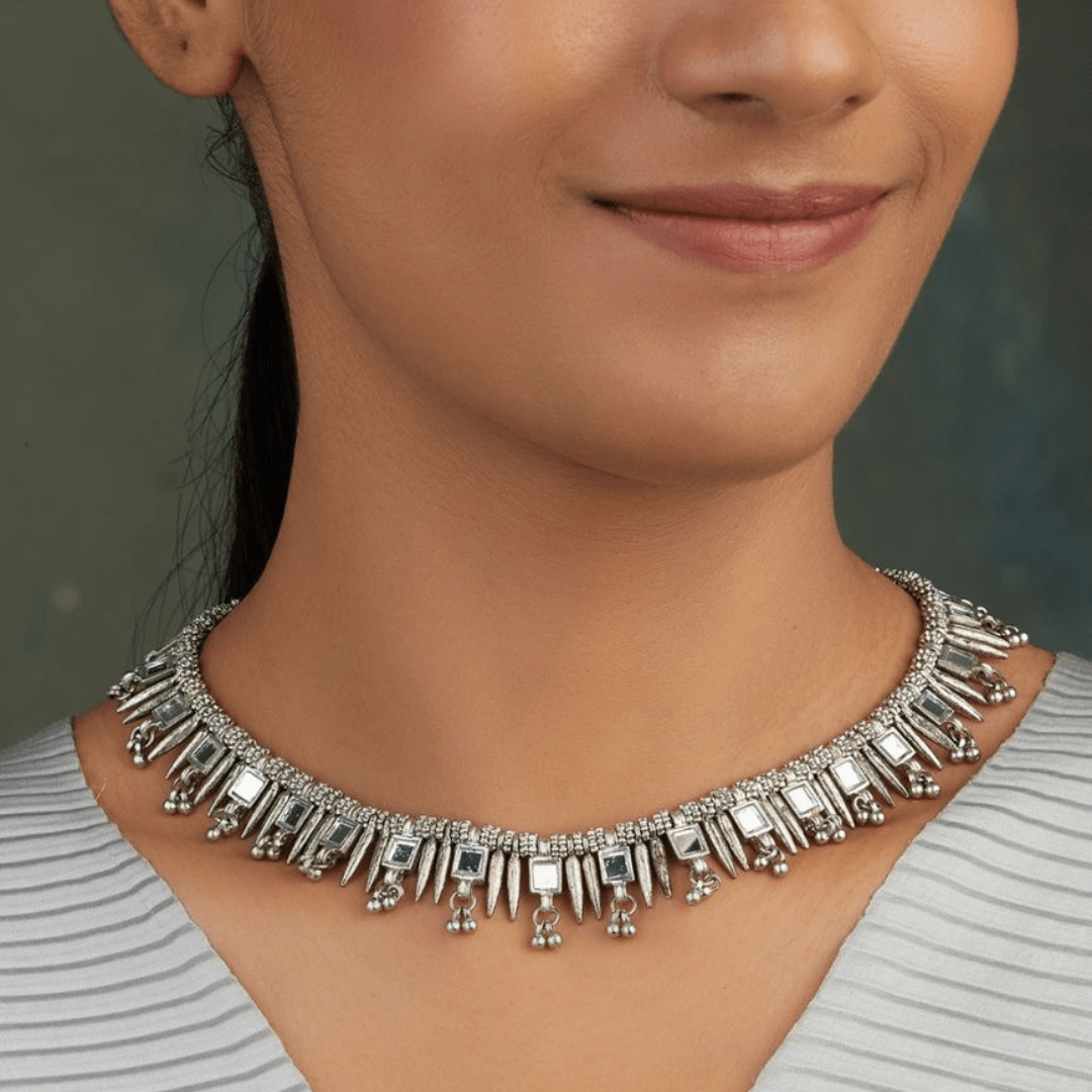 House of Tuhina Silver Mirror Spike Necklace Contemporary