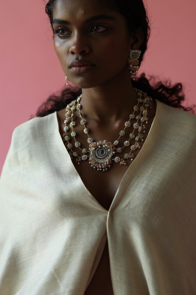 Pink & Gold Embroidered Statement Necklace