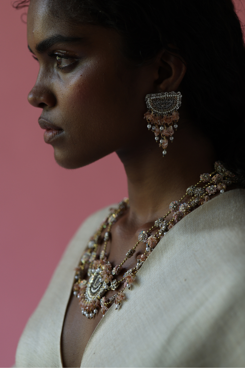Pink & Gold Embroidered Earrings