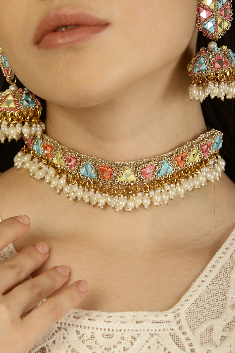 Adjustable Multicoloured Embroidered Choker - Melrosia - UK - USA
