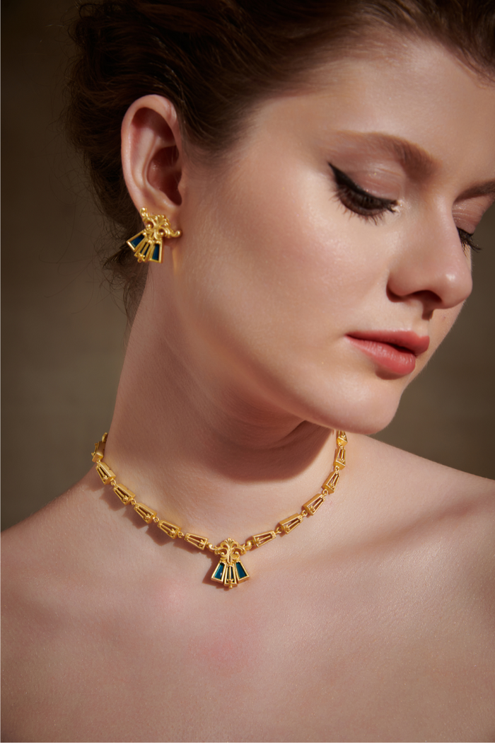 Blue Floral Scroll Necklace-Studio Melrosia,UK,Paris