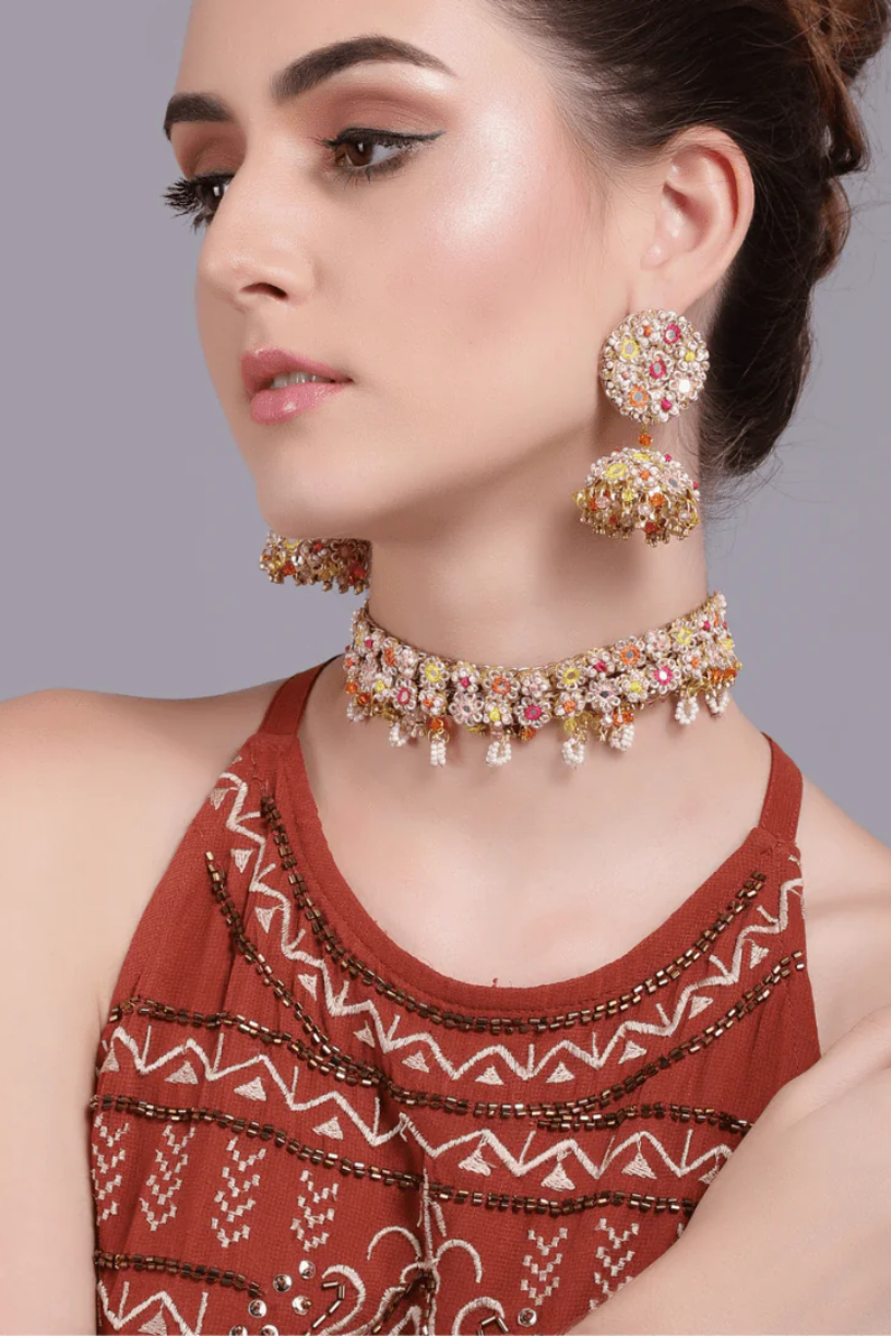 Floral Embroidered Jhumki 1 - Melrosia - UK - USA