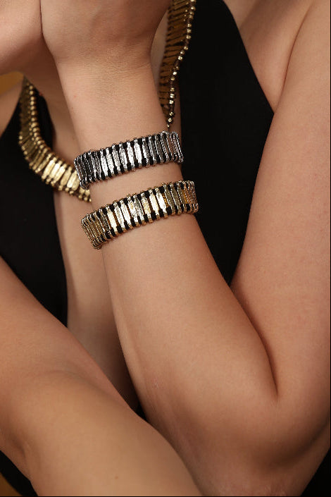 gold black bracelet, handwoven bracelet, artisan jewellery, sustainable jewellery, handmade bracelet, festive jewellery, women artisan jewellery, ethical jewellery, lightweight bracelet, bohemian jewellery, fair trade jewellery, Melrosia