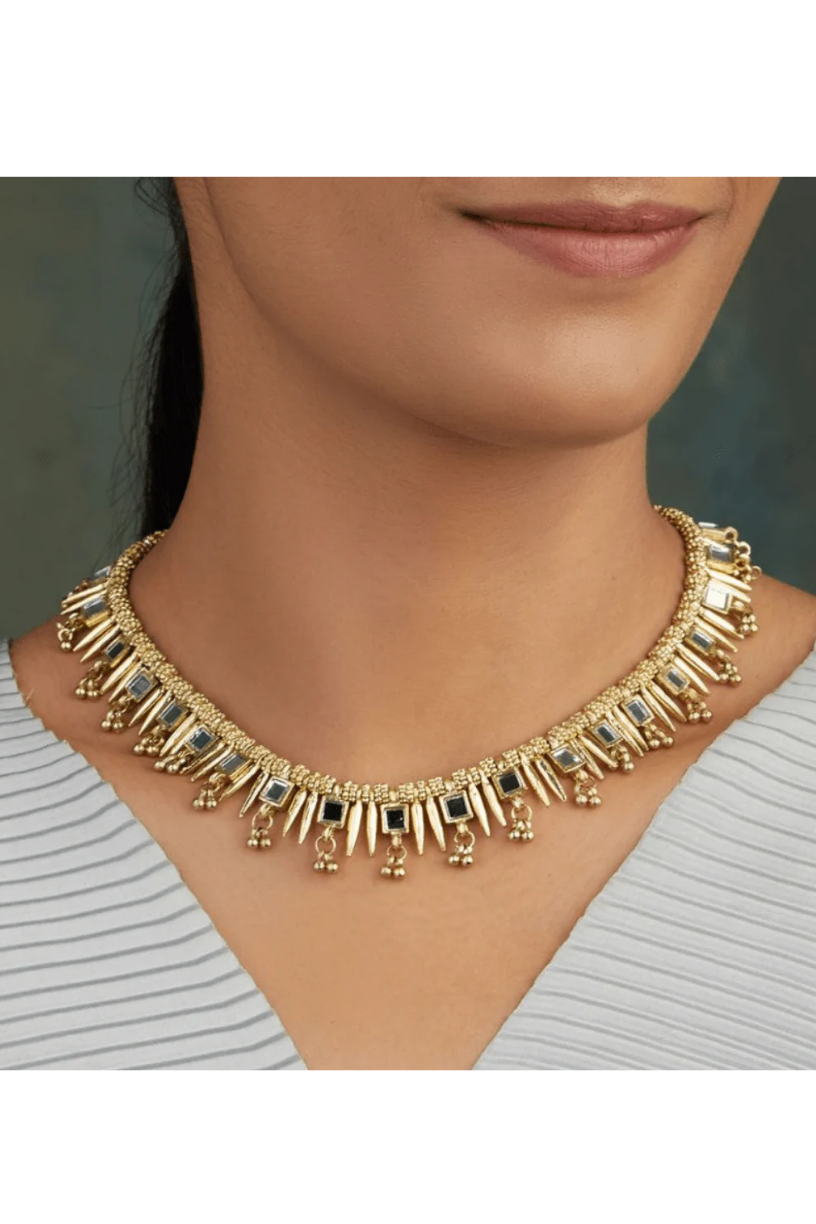 Gold Mirror Spike Necklace Front - Melrosia - UK - USA