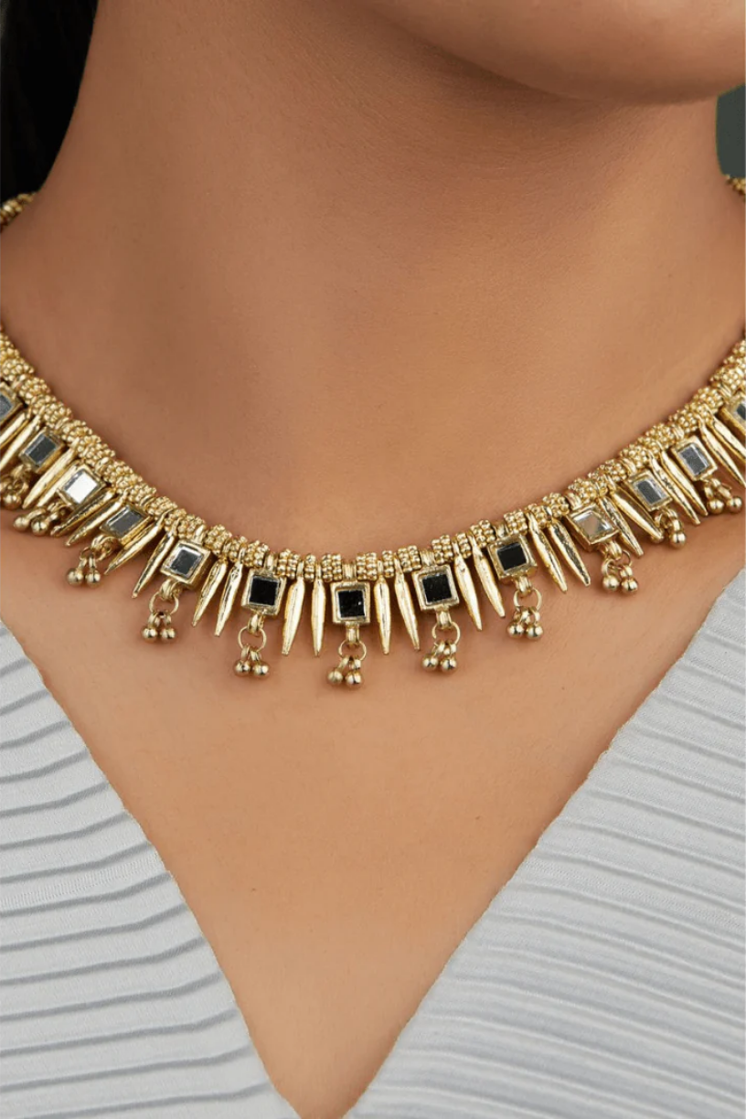 Gold Mirror Spike Necklace Front - Melrosia - UK - USA