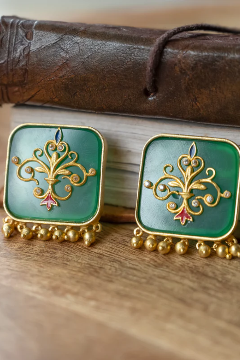 Green Onyx Square Stud Earrings-Melrosia,Uk,USA
