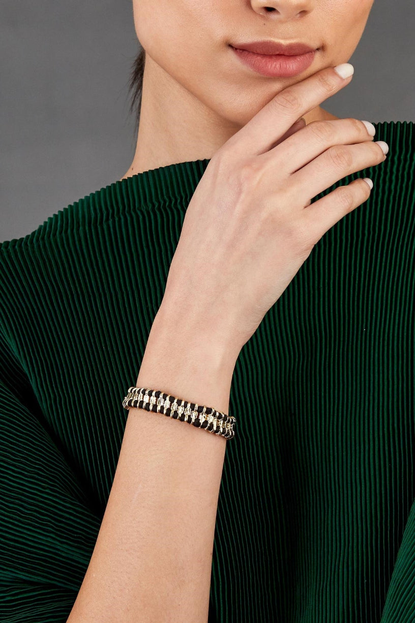 gold black bracelet, handwoven bracelet, artisan jewellery, sustainable jewellery, handmade bracelet, festive jewellery, women artisan jewellery, ethical jewellery, lightweight bracelet, bohemian jewellery, fair trade jewellery, Melrosia