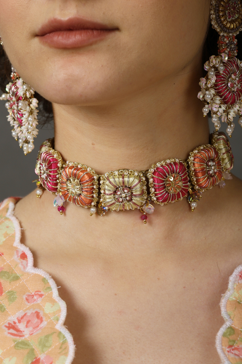 Pink Embroidered Choker Necklace-Melroisa,Uk,France