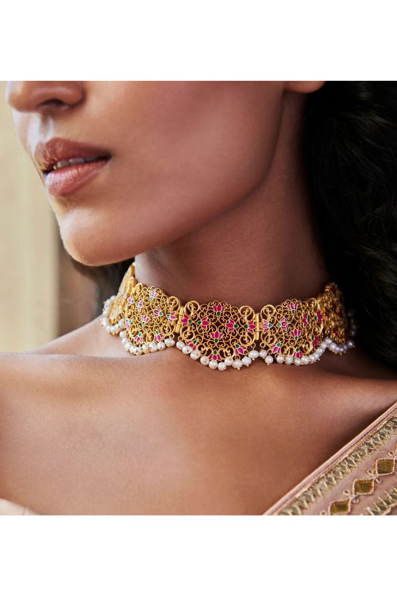 Pink Lotus Gold Lace Choker - Melrosia - UK - USA