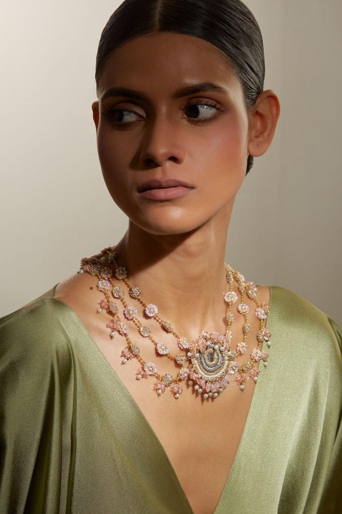 handmade necklace, pink necklace, dabka necklace, embroidered necklace, gold statement necklace, beaded necklace, artisan jewellery, festive jewellery, handmade jewellery UK, handmade jewellery USA, women artisan jewellery, holiday jewellery, winter statement necklace