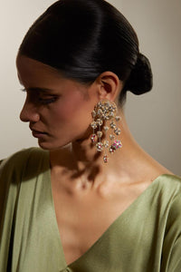 pink earrings, gold earrings, floral earrings, statement earrings, embroidered earrings, dabka earrings, handmade earrings, beaded earrings, artisan jewellery, festive earrings, Christmas jewellery gift, handmade jewellery UK, handmade jewellery USA, women artisan jewellery, fair trade earrings, holiday gift ideas