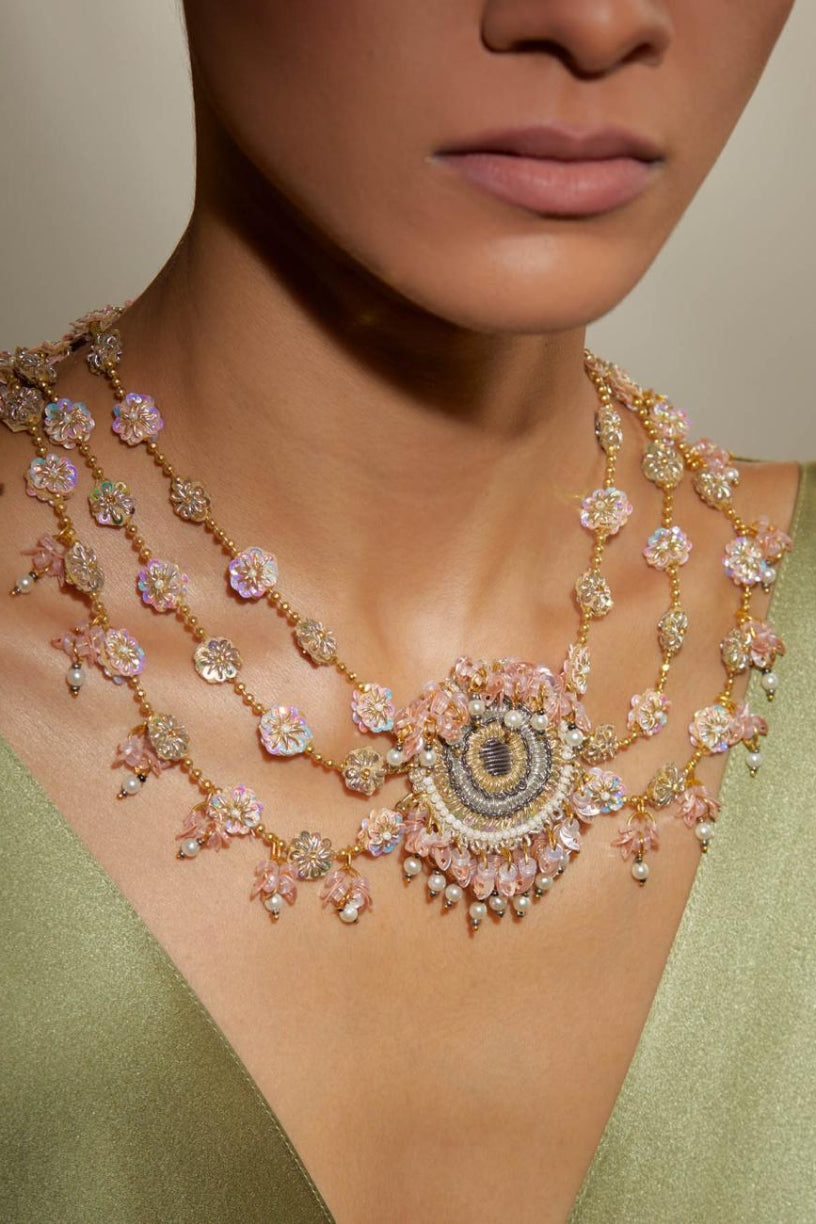 handmade necklace, pink necklace, dabka necklace, embroidered necklace, gold statement necklace, beaded necklace, artisan jewellery, festive jewellery, handmade jewellery UK, handmade jewellery USA, women artisan jewellery, holiday jewellery, winter statement necklace