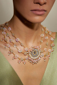 handmade necklace, pink necklace, dabka necklace, embroidered necklace, gold statement necklace, beaded necklace, artisan jewellery, festive jewellery, handmade jewellery UK, handmade jewellery USA, women artisan jewellery, holiday jewellery, winter statement necklace