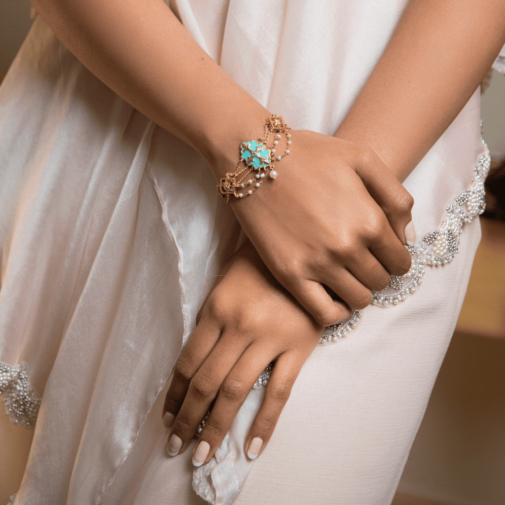 The Jewel Jar Shaya Bracelets & Bangles Delicate Pearl Enamel Bracelet Floral Statement earrings 