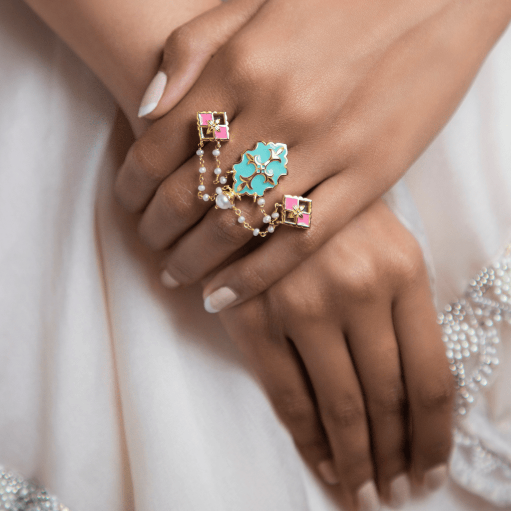 The Jewel Jar, Shaya, two finger enamel pearl ring