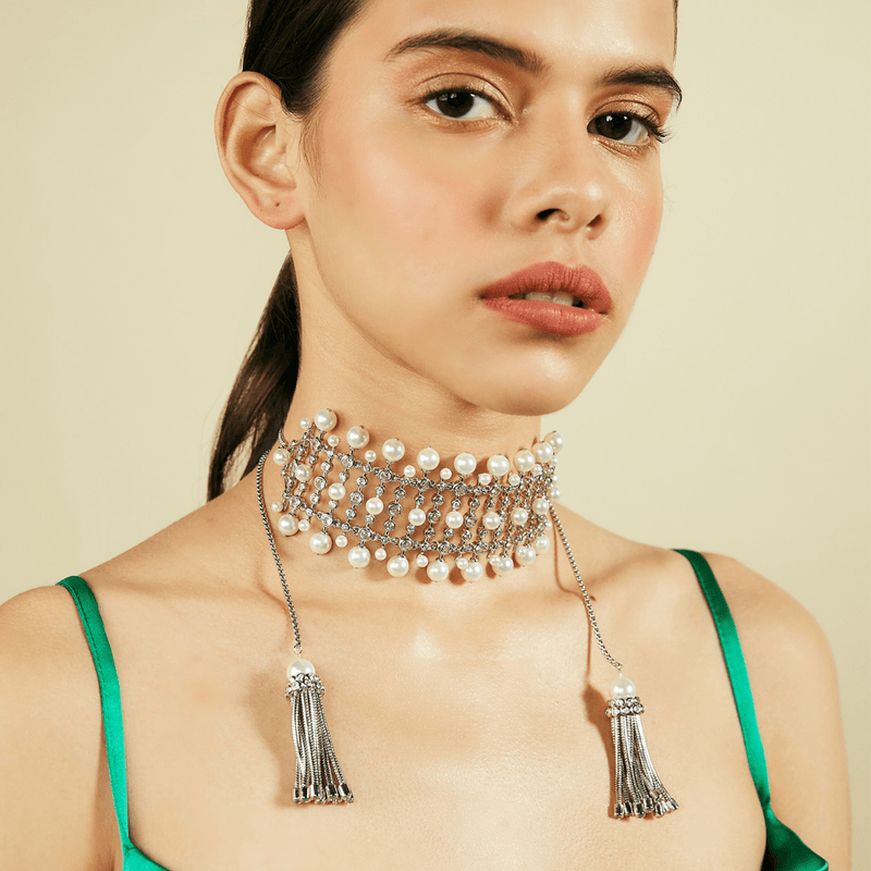 The Jewel Jar Isharya Necklaces Statement Silver Crystal, Pearl & Tassel Choker