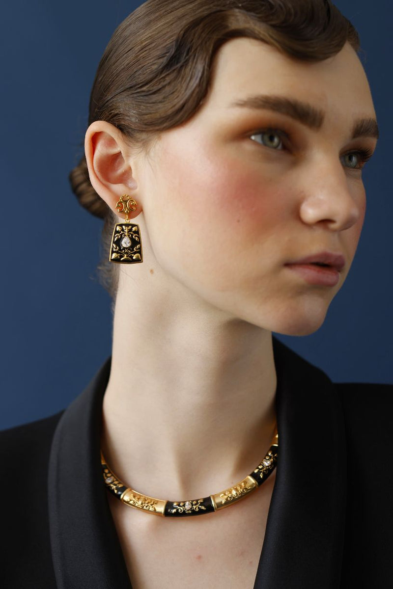 Baroque black enamel and gold earrings-UK-USA-Studio Melrosia