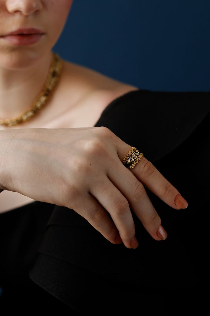 Black Enamel and Gold Filigree Ring- melrosia-UK-USA