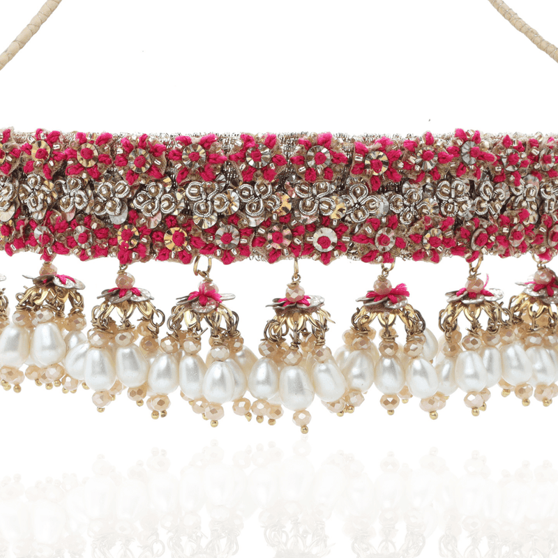 The Jewel Jar Fool Jhadi Necklaces Hot Pink Pearl Drop Choker Indian hoop earrings with jhumkis