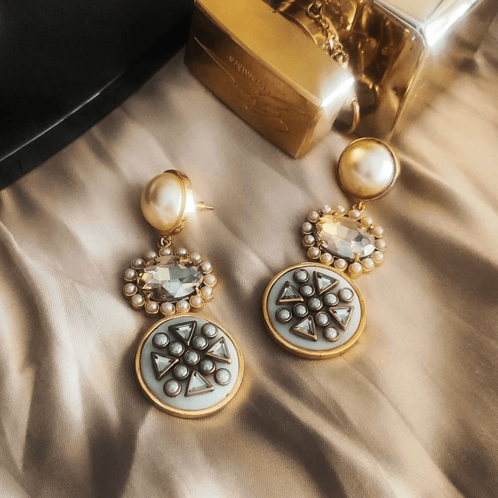 The Jewel Jar, Bbling, Ivory shell and crystal drop earrings