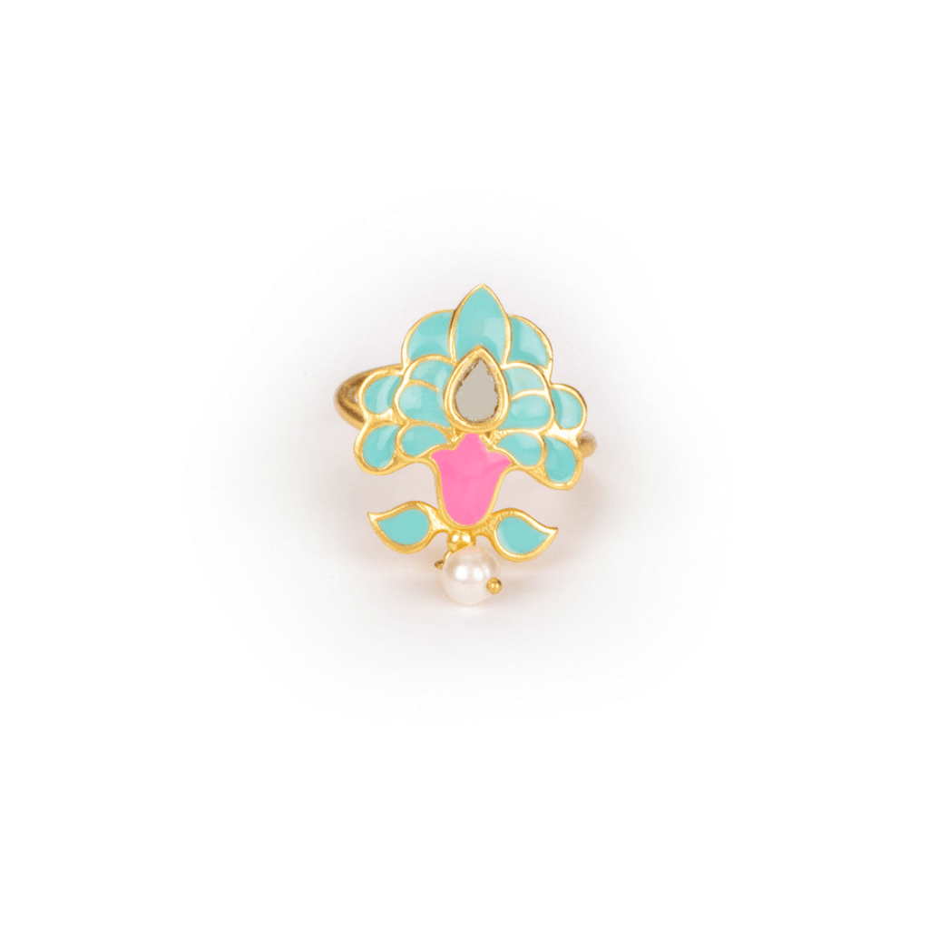 The Jewel Jar Shaya Rings Pastel Enamel Adjustable Ring Floral Statement earrings 