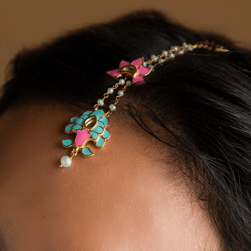 The Jewel Jar Shaya Headpieces Pastel Floral Tikka Floral Statement earrings 