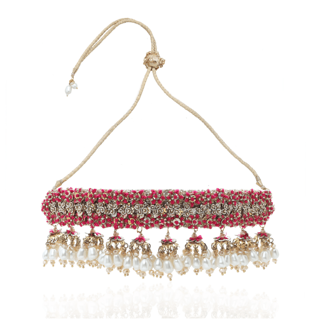 The Jewel Jar Fool Jhadi Necklaces Hot Pink Pearl Drop Choker Indian hoop earrings with jhumkis