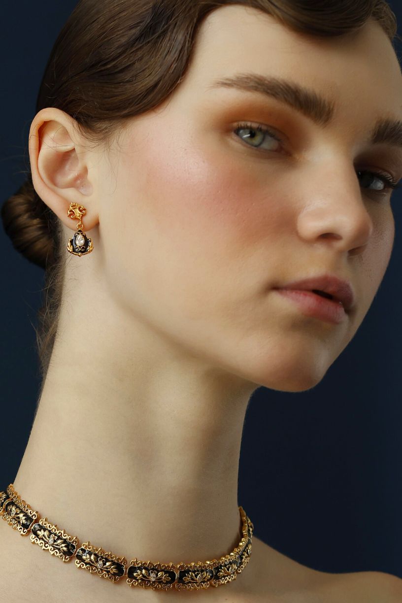 Tiny black enamel drop earrings-UK-Studio Melrosia