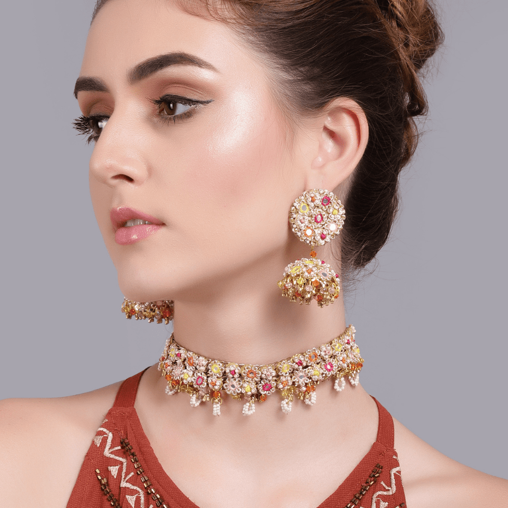 The Jewel Jar Fool Jhadi Necklaces Floral Embroidered Choker Indian hoop earrings with jhumkis
