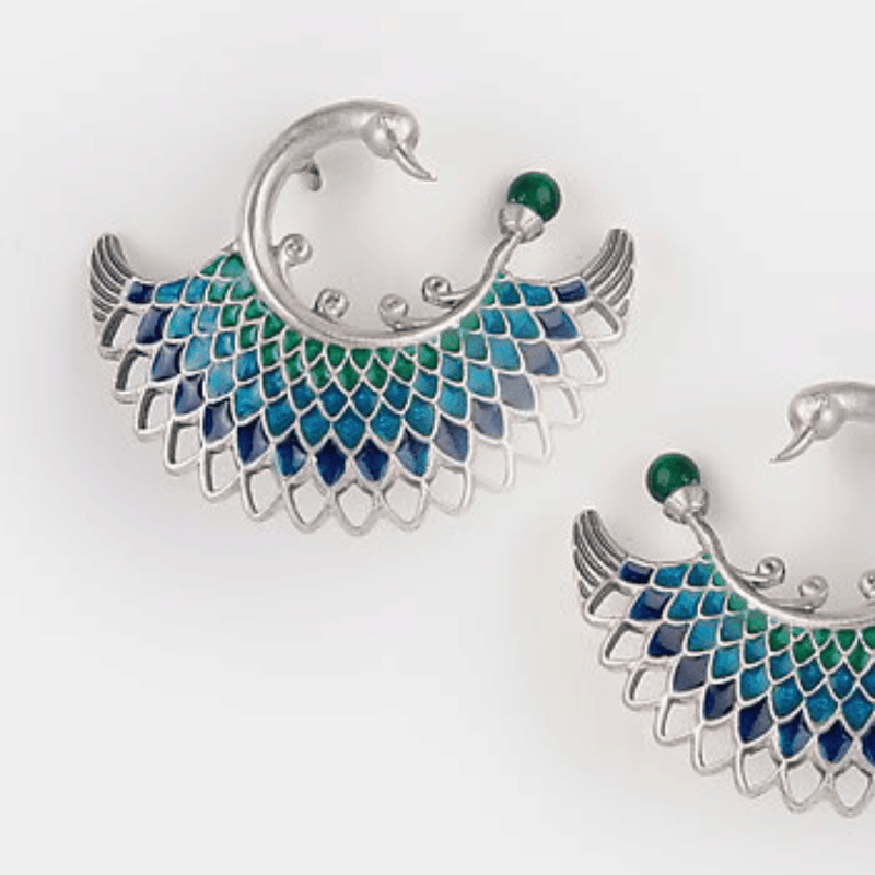 The Jewel Jar, Shaya, enamelled bleu peacock earrings