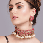 The Jewel Jar Fool Jhadi Necklaces Hot Pink Pearl Drop Choker Indian hoop earrings with jhumkis