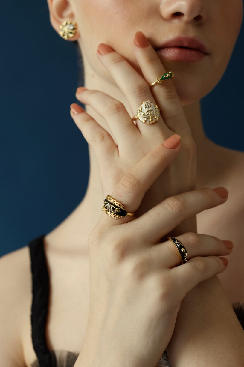 Black Enamel and Gold Filigree Ring- melrosia-UK-USA