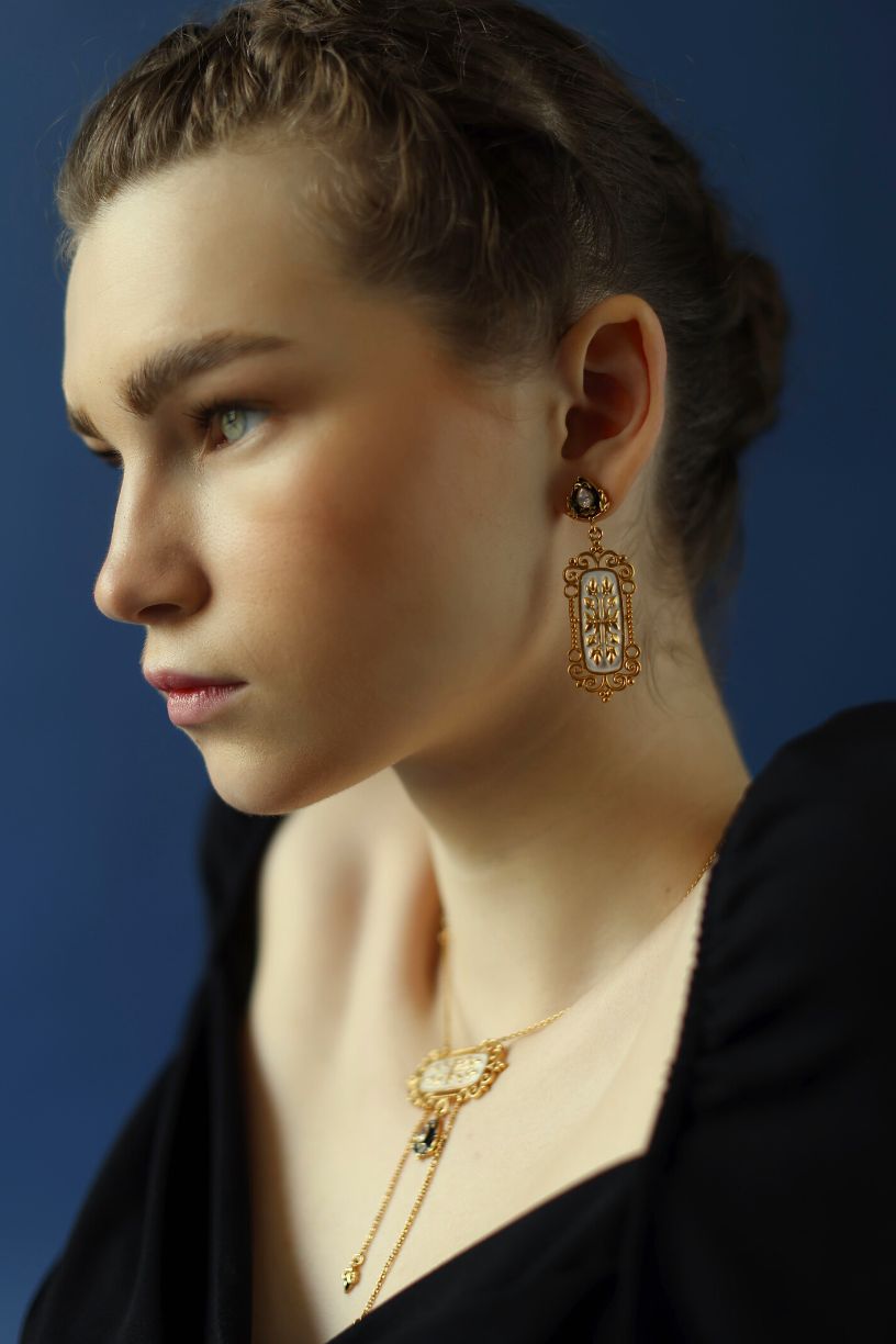 white enamel and filigree earrings-UK-USA